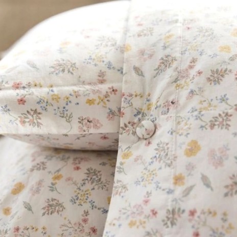 Lenjerie de pat dubla bumbac 100% satinat flori multicolore, bej, 4 piese, fabricata in Romania