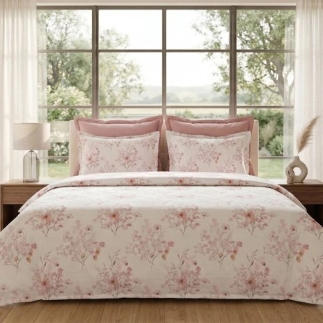 Lenjerie de pat dubla bumbac 100% satinat flori roz pastel, 4 piese, fabricata in Romania
