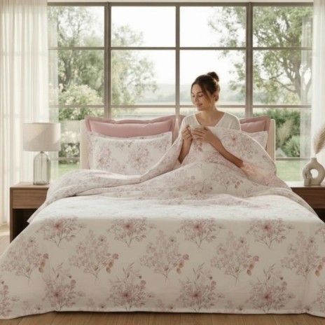 Lenjerie de pat dubla bumbac 100% satinat flori roz pastel, 4 piese, fabricata in Romania