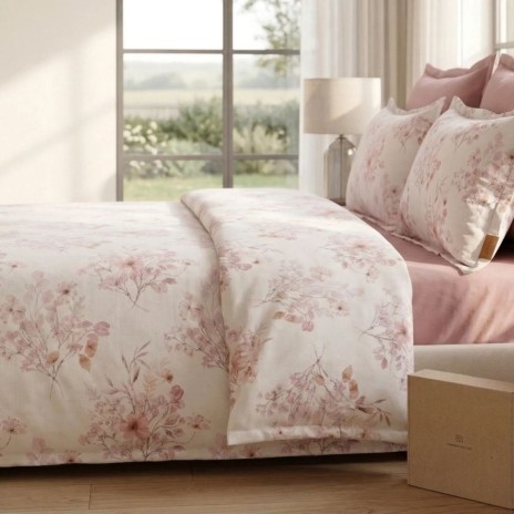 Lenjerie de pat dubla bumbac 100% satinat flori roz pastel, 4 piese, fabricata in Romania