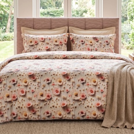 Lenjerie de pat dubla bumbac 100% satinat flori roz/crem, 4 piese, fabricata in Romania
