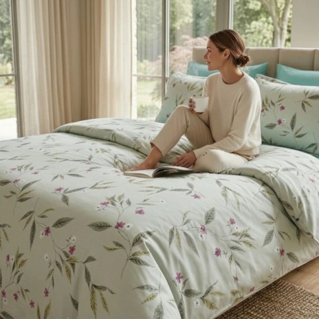 Lenjerie de pat dubla bumbac 100% satinat model cu flori si frunze verde pastel, 4 piese, fabricata in Romania