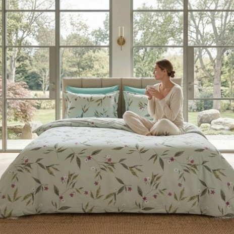 Lenjerie de pat dubla bumbac 100% satinat model cu flori si frunze verde pastel, 4 piese, fabricata in Romania