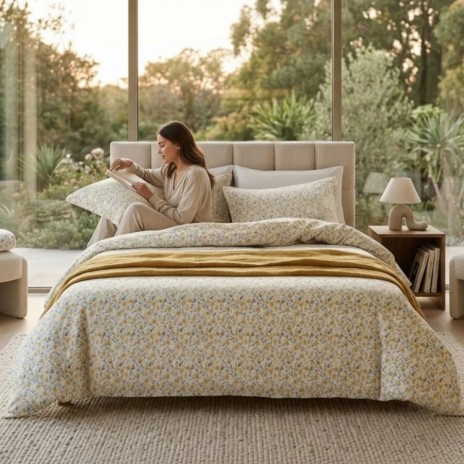 Lenjerie de pat dubla bumbac 100% satinat cu flori galbene delicate, 4 piese, fabricata in Romania