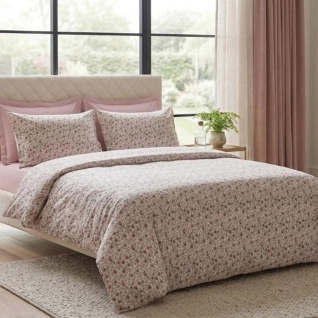Lenjerie de pat dubla bumbac 100% satinat floricele delicate roz, 4 piese, fabricata in Romania