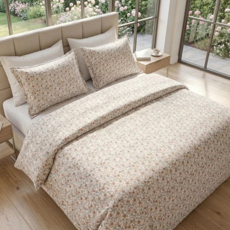 Lenjerie de pat dubla bumbac 100% satinat floricele roz piersiciu, 4 piese, fabricata in Romania
