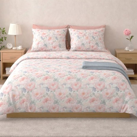 Lenjerie de pat dubla bumbac 100% satinat cu bujori roz pastel 4 piese Ralex Pucioasa