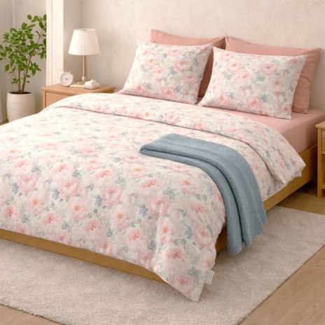 Lenjerie de pat dubla bumbac 100% satinat cu bujori roz pastel 4 piese Ralex Pucioasa