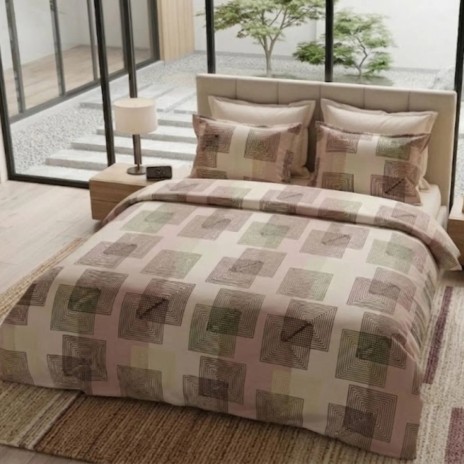Lenjerie de pat dubla bumbac 100% satinat model geometric bej maro verde, 4 piese fabricata in Romania