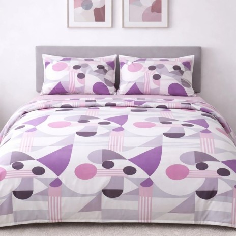 Lenjerie pat dublu Geometric mov roz din bumbac 100% ranforce 4 piese model abstract mov lila roz si gri