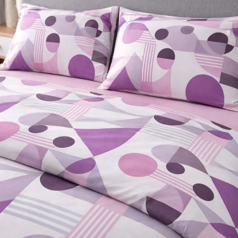 Lenjerie pat dublu Geometric mov roz din bumbac 100% ranforce 4 piese model abstract mov lila roz si gri