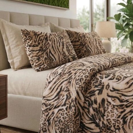 Lenjerie de pat dubla bumbac 100% satinat animal print bej negru 4 piese fabricata in Romania