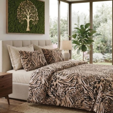 Lenjerie de pat dubla bumbac 100% satinat animal print bej negru 4 piese fabricata in Romania