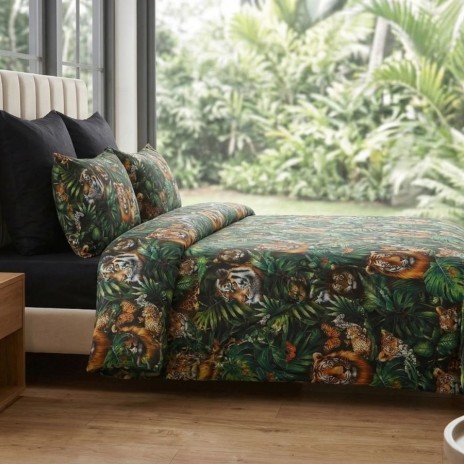 Lenjerie de pat dubla bumbac 100% satinat Jungla Regala cu tigri si frunze tropicale, 4 piese, fabricata in Romania
