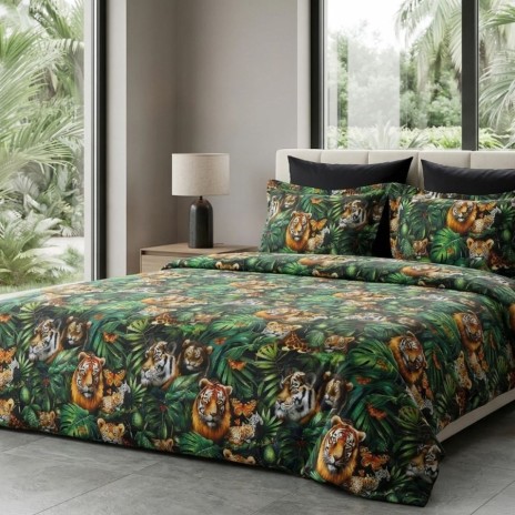 Lenjerie de pat dubla bumbac 100% satinat Jungla Regala cu tigri si frunze tropicale, 4 piese, fabricata in Romania