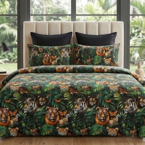 Lenjerie de pat dubla bumbac 100% satinat Jungla Regala cu tigri si frunze tropicale, 4 piese, fabricata in Romania