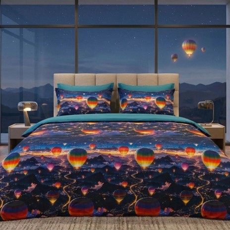 Lenjerie de pat dubla bumbac 100% satinat Cappadocia cu baloane colorate pe fundal nocturn, 4 piese, fabricata in Romania