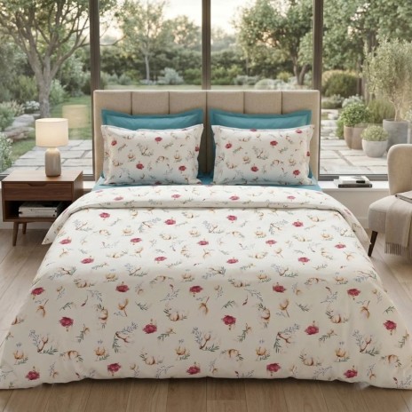 Lenjerie de pat dubla bumbac 100% satinat flori de bumbac pastel, 4 piese, fabricata in Romania