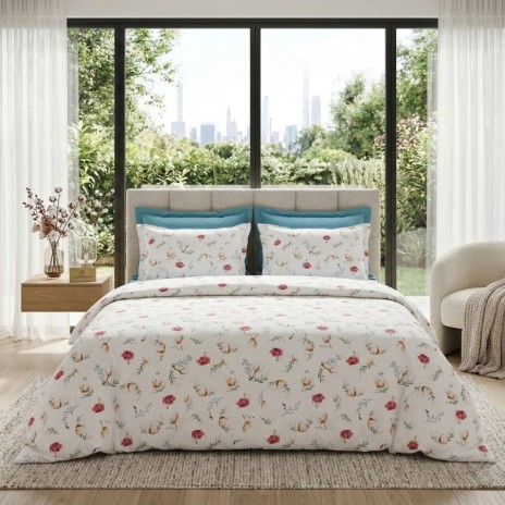 Lenjerie de pat dubla bumbac 100% satinat flori de bumbac pastel, 4 piese, fabricata in Romania