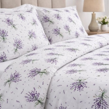 Lenjerie de pat dubla bumbac 100% satinat lavanda buchete mov, 4 piese, fabricata in Romania