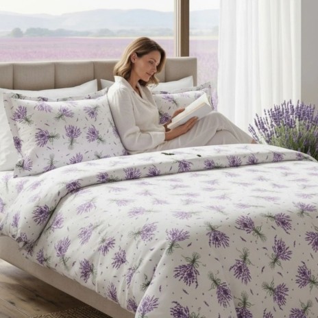 Lenjerie de pat dubla bumbac 100% satinat lavanda buchete mov, 4 piese, fabricata in Romania