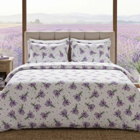 Lenjerie de pat dubla bumbac 100% satinat lavanda buchete mov, 4 piese, fabricata in Romania