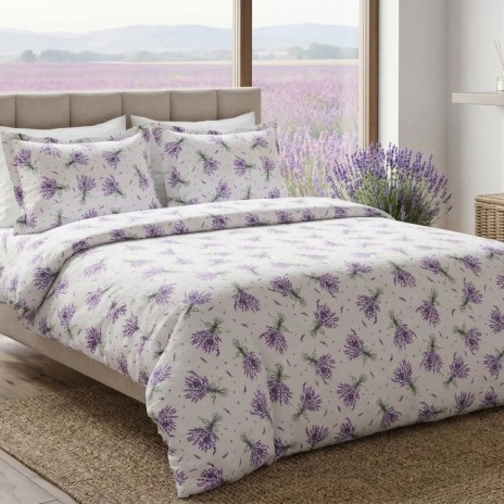 Lenjerie de pat dubla bumbac 100% satinat lavanda buchete mov, 4 piese, fabricata in Romania