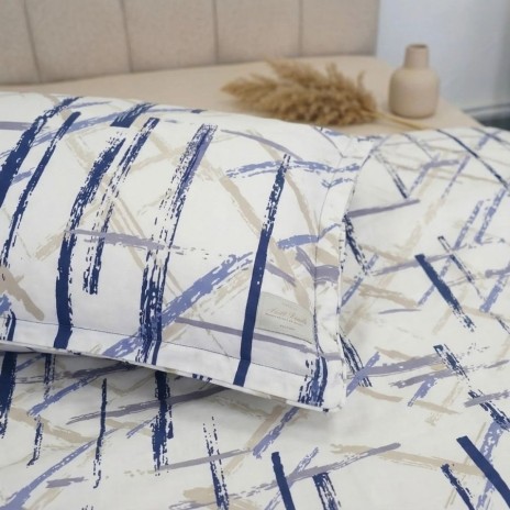 Lenjerie de pat dubla bumbac 100% satinat model abstract bej gri albastru, 4 piese, fabricata in Romania