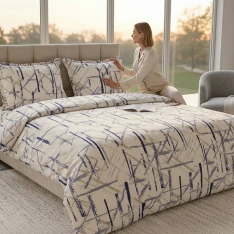 Lenjerie de pat dubla bumbac 100% satinat model abstract bej gri albastru, 4 piese, fabricata in Romania