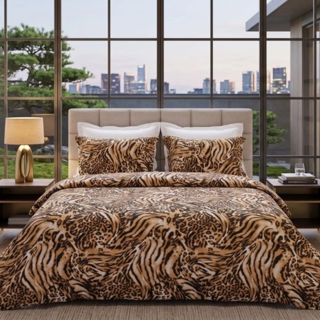Lenjerie de pat dubla bumbac 100% satinat animal print tigru leopard maro, 4 piese, fabricata in Romania
