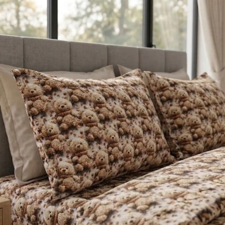 Lenjerie de pat dubla bumbac 100% satinat model cu ursuleti bej maro, 4 piese, fabricata in Romania
