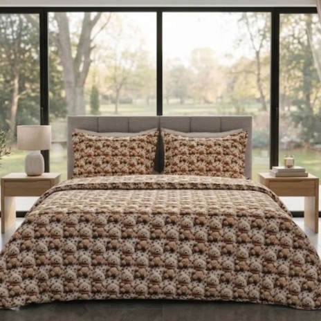 Lenjerie de pat dubla bumbac 100% satinat model cu ursuleti bej maro, 4 piese, fabricata in Romania