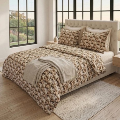 Lenjerie de pat dubla bumbac 100% satinat model cu ursuleti bej maro, 4 piese, fabricata in Romania
