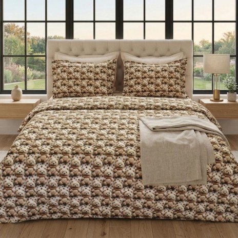 Lenjerie de pat dubla bumbac 100% satinat model cu ursuleti bej maro, 4 piese, fabricata in Romania