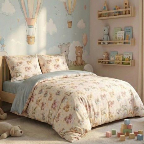 lenjerie de pat dublu cu ursuleti pastel, bumbac satinat, set 4 piese, cearceaf bleu uni