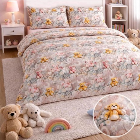 Lenjerie de pat dubla bumbac 100% satinat cu ursuleti si baloane pastel 4 piese Ralex Pucioasa