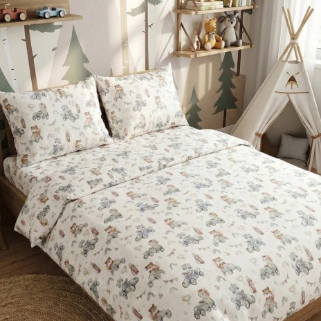 lenjerie de pat dublu cu ursuleti veseli, bumbac satinat, set 4 piese, imprimeu copii