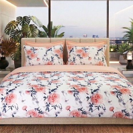 Lenjerie de pat dubla bumbac 100% reversibila Bujori roz piersica si cearceaf de pat uni, 4 piese, fabricata in Romania