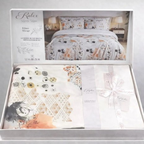 Lenjerie de pat dubla bumbac 100% reversibila etno abstract, 4 piese, fabricata in Romania