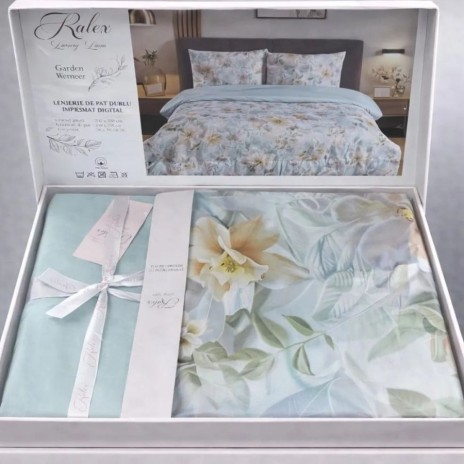 Lenjerie de pat dubla bumbac 100% reversibila floral artistic si cearceaf de pat uni, 4 piese, fabricata in Romania