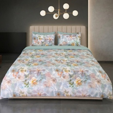Lenjerie de pat dubla bumbac 100% reversibila floral artistic si cearceaf de pat uni, 4 piese, fabricata in Romania