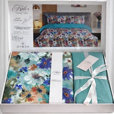 Lenjerie de pat dubla bumbac 100% reversibila flori multicolore si cearceaf de pat uni, 4 piese, fabricata in Romania