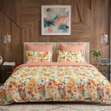 Lenjerie de pat dubla bumbac 100% reversibila cu flori si frunze colorate si cearceaf de pat uni, 4 piese, fabricata in Romania