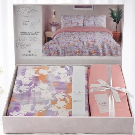 Lenjerie de pat dubla bumbac 100% reversibila cu model floral abstract si cearceaf de pat uni, 4 piese, fabricata in Romania