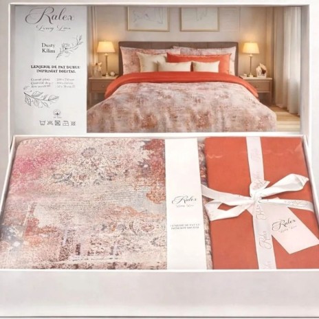 Lenjerie de pat dubla cu elastic din bumbac 100% reversibila abstract kilim elegant, 4 piese, fabricata in Romania
