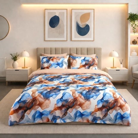 Lenjerie de pat dubla cu elastic din bumbac 100% reversibila model abstract albastru bej modern, 4 piese, fabricata in Romania