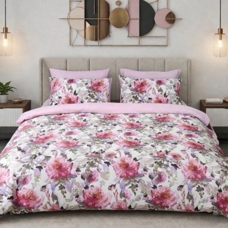 Lenjerie de pat dubla cu elastic din bumbac 100% reversibila model bujori roz floral elegant, 4 piese, fabricata in Romania