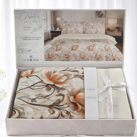 Lenjerie de pat dubla cu elastic din bumbac 100% reversibila flori bej elegant clasic, 4 piese, fabricata in Romania