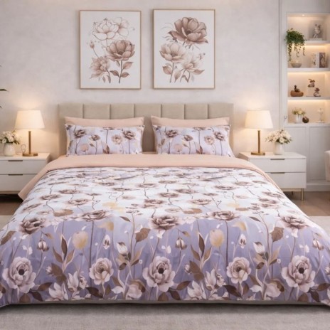 Lenjerie de pat dubla cu elastic din bumbac 100% reversibila flori maro bej elegant natural, 4 piese, fabricata in Romania