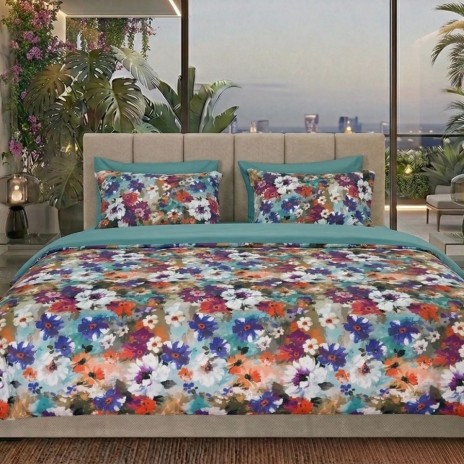 Lenjerie de pat dubla cu elastic din bumbac 100% reversibila flori multicolore vibrant, 4 piese, fabricata in Romania